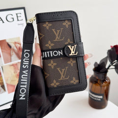 Luxury Luxury Pattern Wallet iPhone Case with Card Holder and Strap