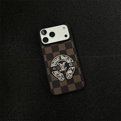 Embroidered Leather-Texture Checkerboard Phone Case with Raised Stitch Emblem