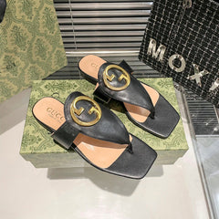 Fashion metal ring square-toe thong flat slides