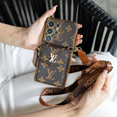 Luxury Classic Leather Samsung Case With Card Wallet And Strap