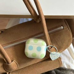 Polka Dot AirPods Case with Heart Charm – Pastel Blue & Green